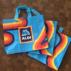 (3) ALDI large retro rainbow design large reusable shopping bags L XL